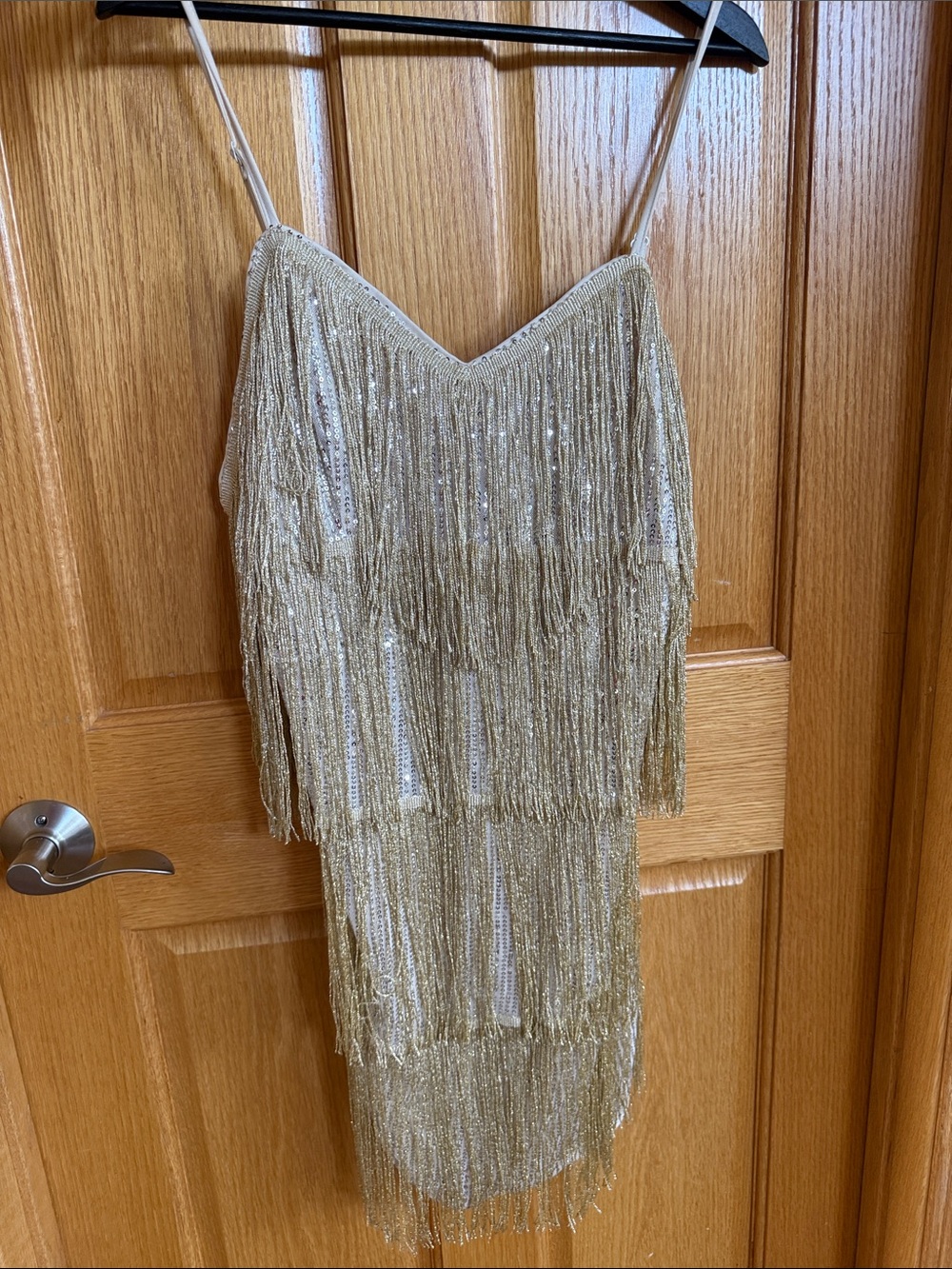Gold Fringe Sequin Spaghetti Strap Dress